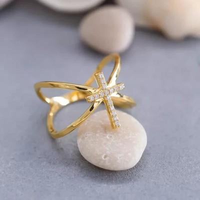 1.20Ct Lab-Created Crisscross Diamond Cross Women's Ring 14K Yellow Gold Finish