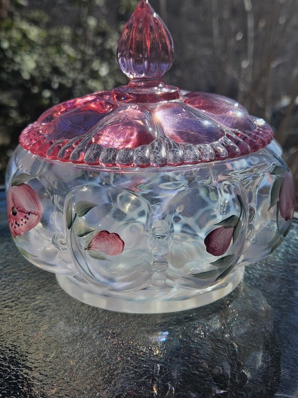 Fenton Glass Powder Jar w/Lid Hand Painted&Artist Signed EMPRESS ROSE ON TRELLIS