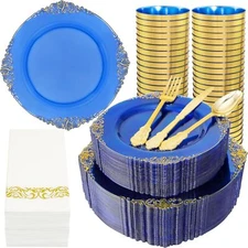 350PCS Blue Plastic Plates - Blue Plastic Dinnerware Sets for 50 Guests