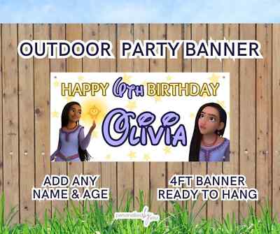 Personalisierte große Banner OUTDOOR DRINNEN WUNSCH ASHA GEBURTSTAG 4 Fuß Name hinzufügen Alter