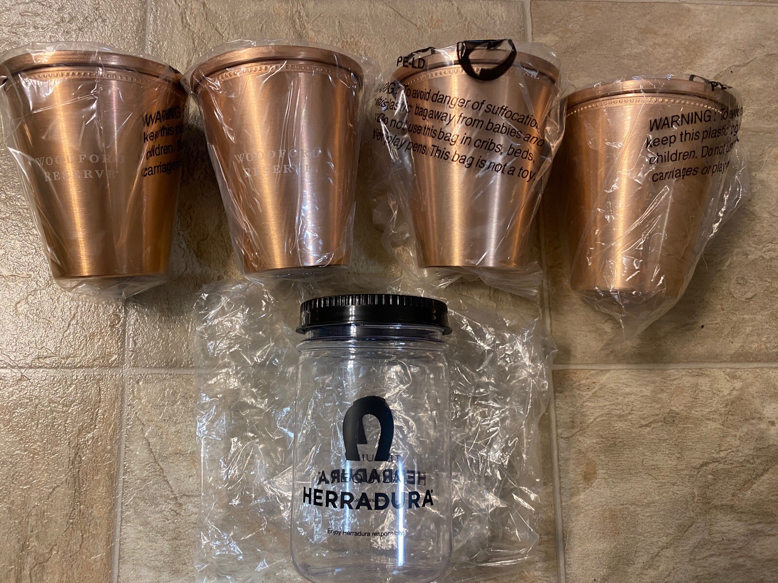 Lot 4 Woodford Reserve 2019 Mint Julip copper Cups 145 & Tequila jar w