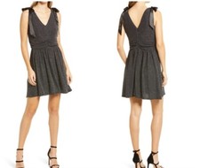 Sam Edelman NWT $138.00 Fit & Flare Bow Metallic Black Womens Dress Size Large