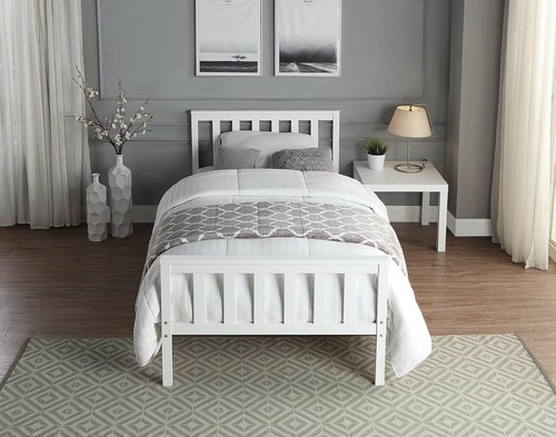 White Solid Wooden Bed Frame Single 4ft Double King Size Bed With Mattress Pine