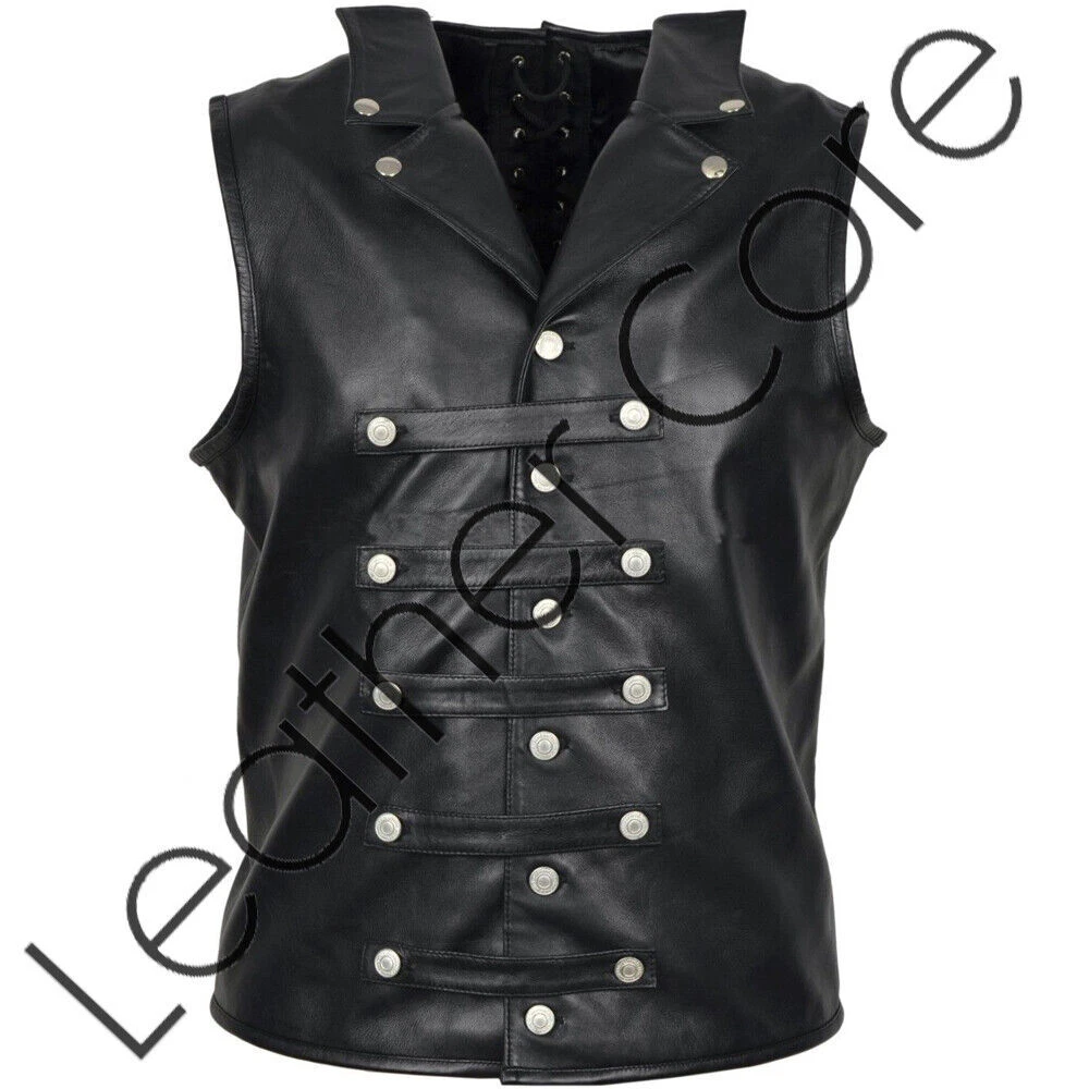 Gothic Leather Vest Steampunk Steel Boned Victorian Men Military Waistcoat