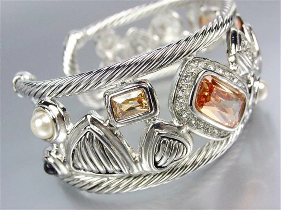 IMPRESIONANTE Brazalete Grueso Chapado en Oro Blanco 18kt Cristales Topacio Marrón Perlas Foto 4 de 4