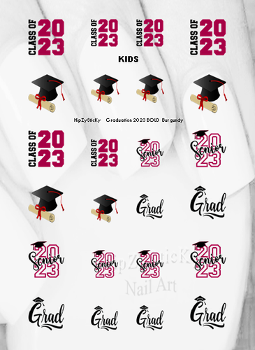 Nail Art Graduation Class of 2023 BOLD Burgundy Waterslide Nail Decals Transfers - Picture 7 of 8