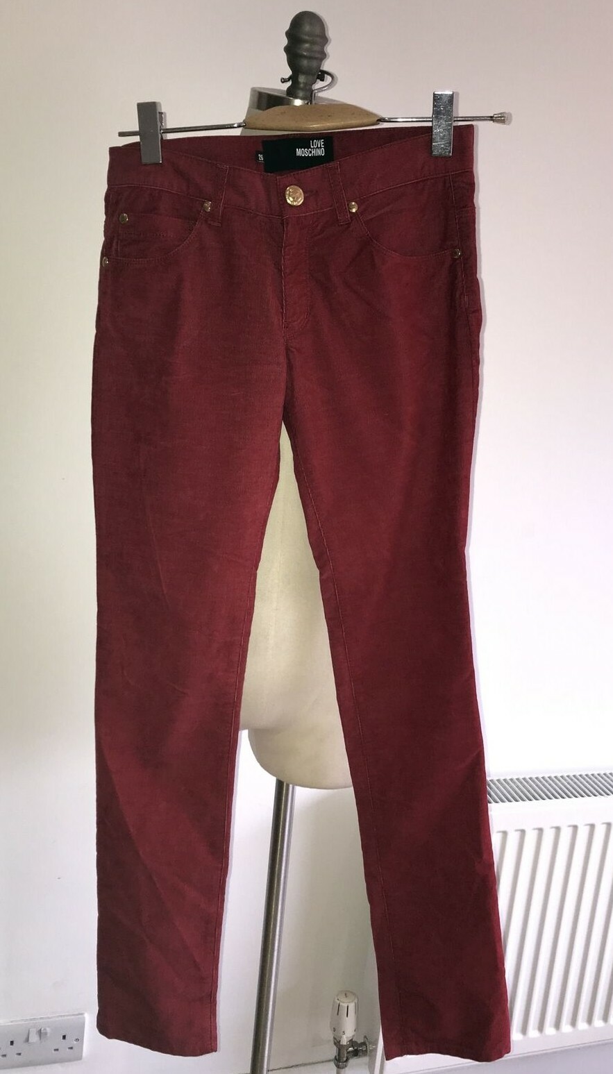 1990s VLove Moschino Red Velvet/Fine Needlecord Jeans,  Size 26, Inside Leg 32" 3