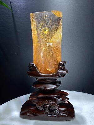 1.59LB TOP Natural hair crystal gum flower symbiosis quartz carved crystal+stand