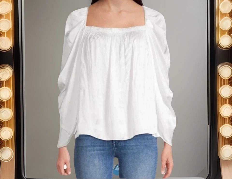 $458 KOBI HALPERIN Blouse Women S DINA Plisse Square Neck Satin White Tunic EUC - Image 2 of 4