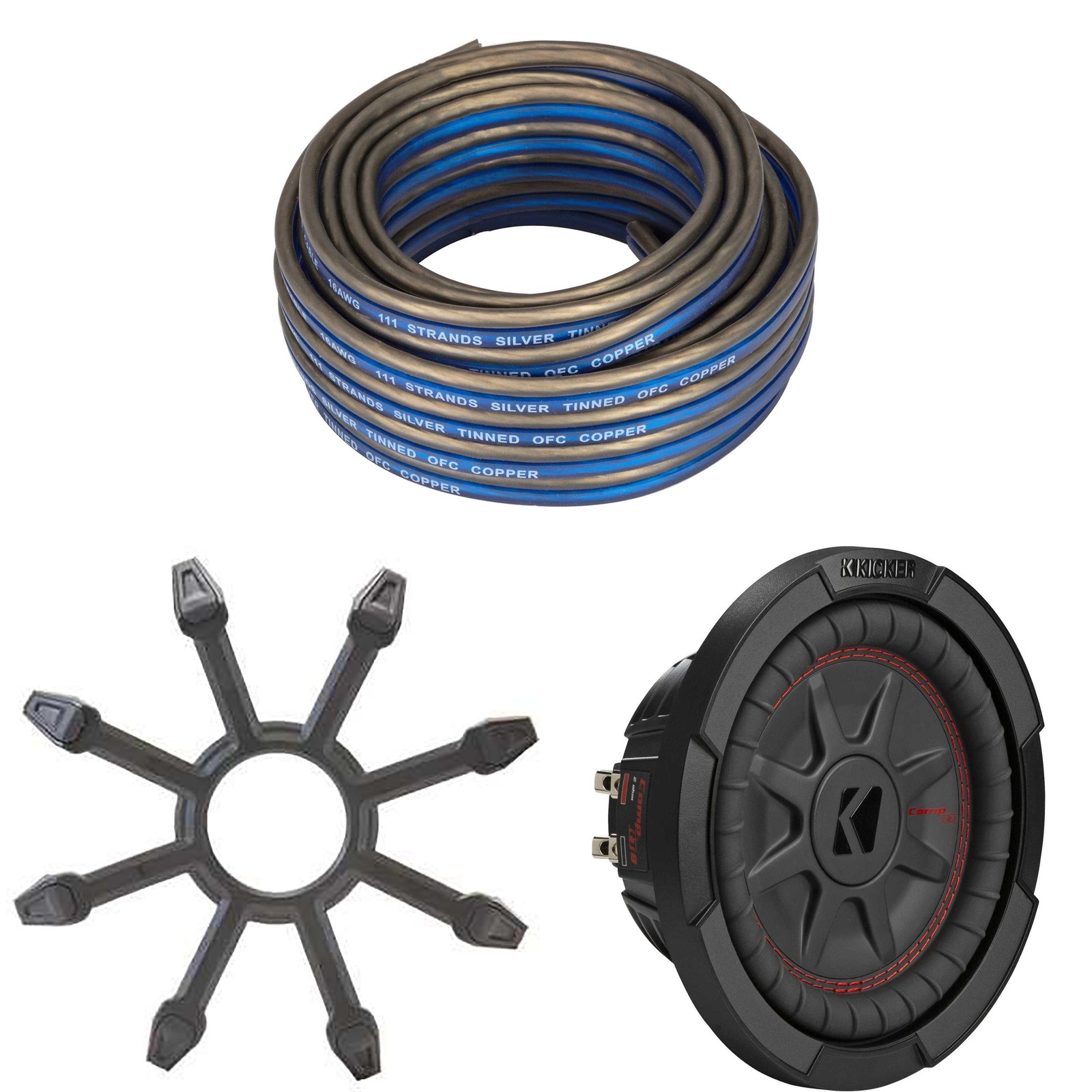 Kicker 48CWRT82 CompRT 8" Subwoofer, DVC, 2-ohm w/ Speaker Wire, Grill Bundle