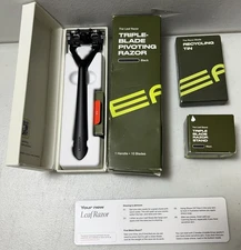 The Leaf Razor Triple Blade Set Pivoting Razor Black w/ Case, Tin, Stand NEW