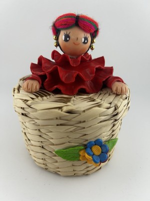 Woven Mexican Basket w/Lid~Lady on Removable Lid