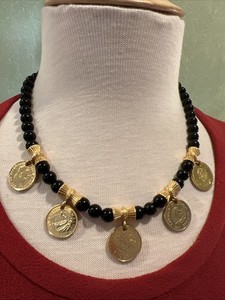 Authentic Rare Franklin Mint 22k Yellow Gold Plated Coin Charms With Black Onyx Necklace