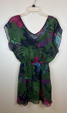 EXPRESS Green Floral V-Neck Chiffon Mini Dress Small Sheer Lined Beach Tropical