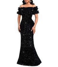 Dasmzper 2XL Sexy Sequin Off Shoulder Short Sleeve Bodycon Formal Dress Black