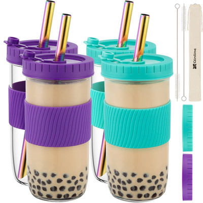 Qinline Reusable Glass Mason Jars Cups Lids And Straws Silicone Sleeves 4 Pack