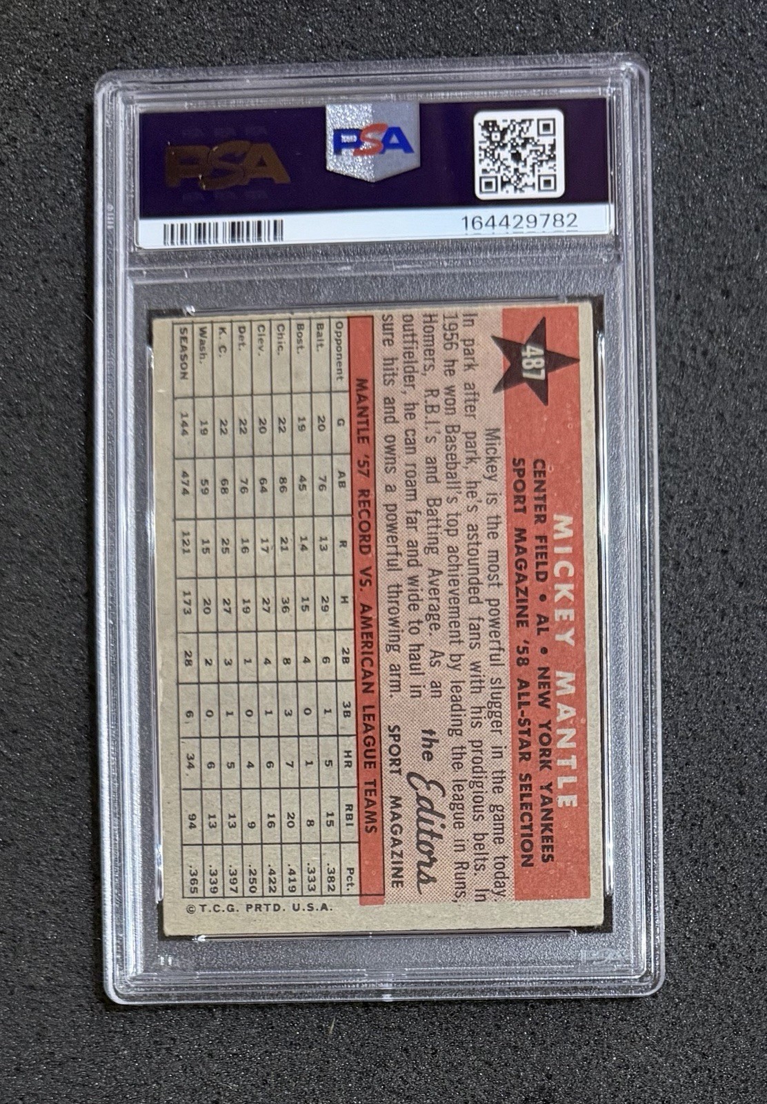 1958 Topps - #487 Mickey Mantle All Star - PSA 3.5 (Newly Graded) view 2