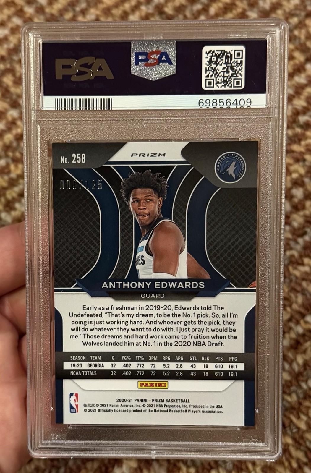 2020 PANINI PRIZM #258 ANTHONY EDWARDS RC 6/125 FAST BREAK RED PRIZM PSA 10 GEM view 3