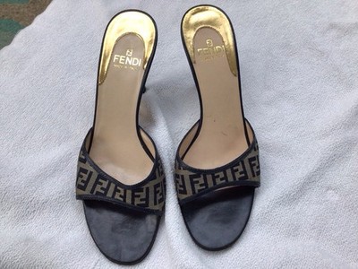 Fendi Logo Women s Black Cloth & Leather Trim Slides Size 36 (5.5), Italy.