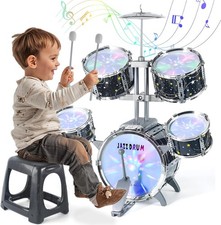 Children's drum set, musical instrument toy, with lights, all plastic material.