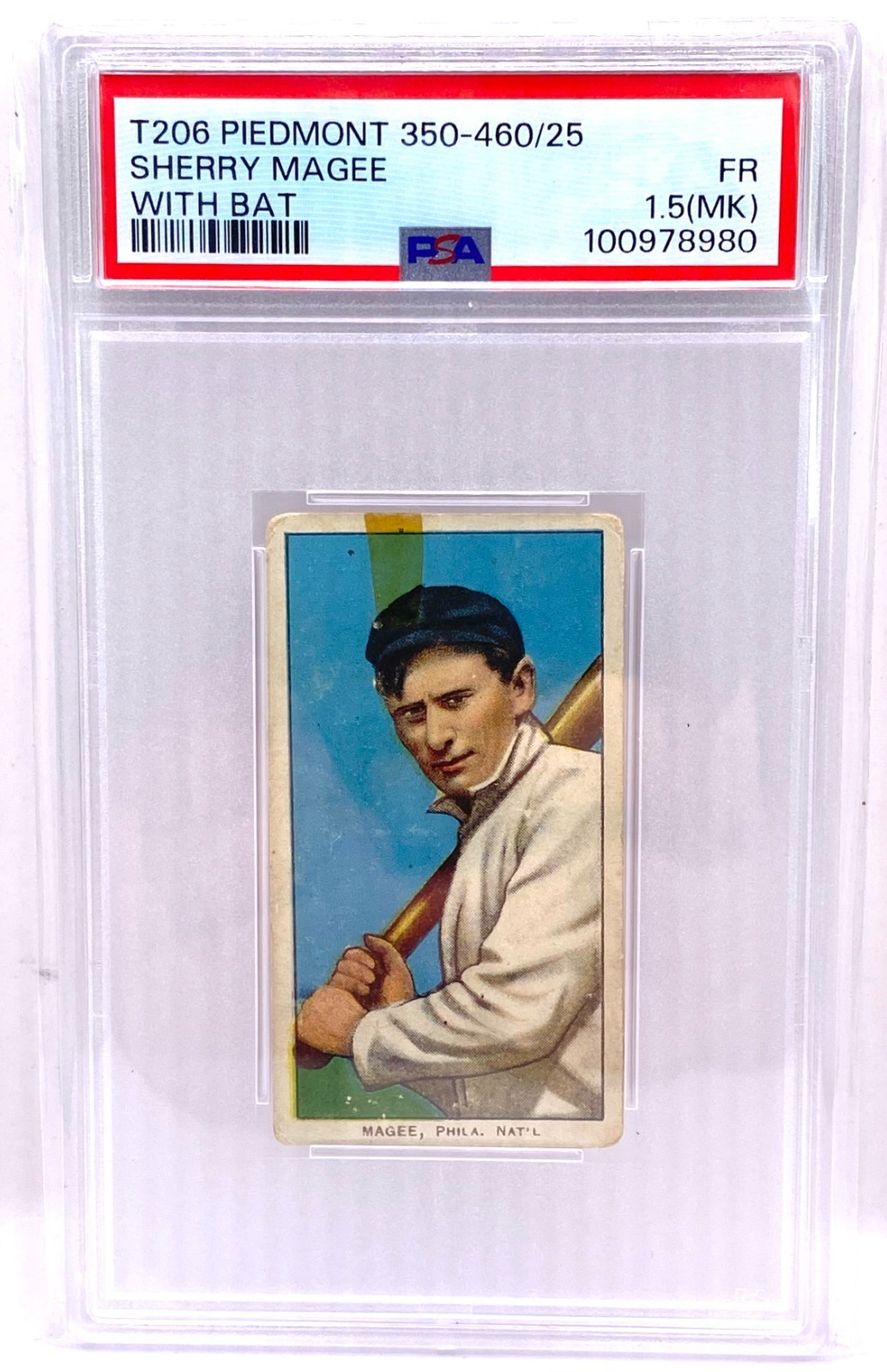 1909-11 T206 Tobacco Sherry Magee With Bat Piedmont 350-460/25 PSA 1.5 FR (MK)