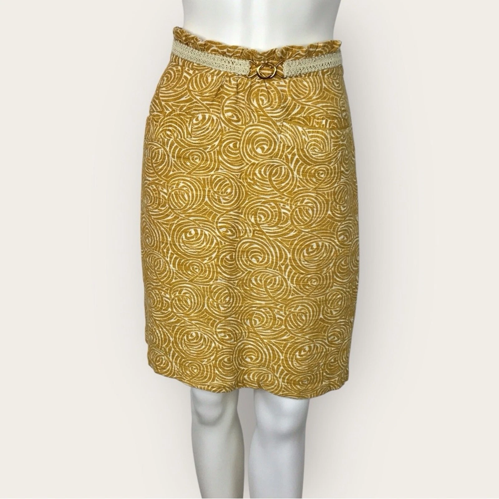 Anthropologie Elevenses Boho Pencil Skirt Gold & Cream Patterned