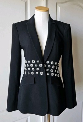 RARE NEW $795 Cinq A Sept Sz 4 Loisa Crystal Embellished Black Crepe Blazer NWT