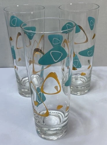 3 Vintage Federal Amoeba Atomic Boomerang Turquoise 16 Ounce Tumbler Glass Tall