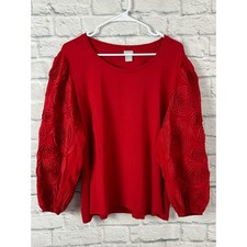 Chico  s Size 3/XL Red Pima Cotton Top Rosette Sheer Balloon Sleeve Blouse