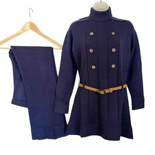 Vintage Glenmore Navy Blue Wool Knit 2-Piece Mod Sweater Set: Tunic Top Pants