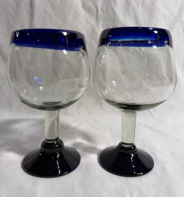 Hand Blown Mexican Glass 2 Stemmed Wine Artisan Goblet Cobalt Blue Rim Base
