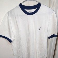 Nautica Men's White Blue Sleepwear Top L 60 Cotton Blend Short Sleeve Crew Neck
