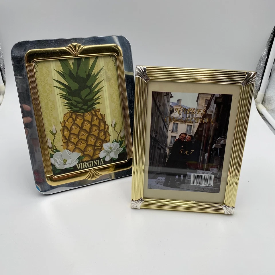 Two Tone Metal Picture Frames Set of 2 Vintage Gold Silver Art Deco 5x7 Photo - Image 2 of 4