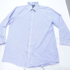 Stafford Travel Dress Shirt Mens 17 32-33 Blue Plaid Easy Care Broadcloth Formal