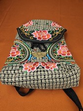 Woven Bohemian Embroidered Rose Backpack Black Trim Multicolored Boho Drawstring