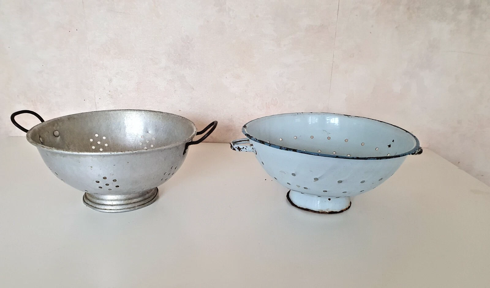 Antique Colanders Set – Aluminium & Blue Enamel Vintage Kitchen Strainer