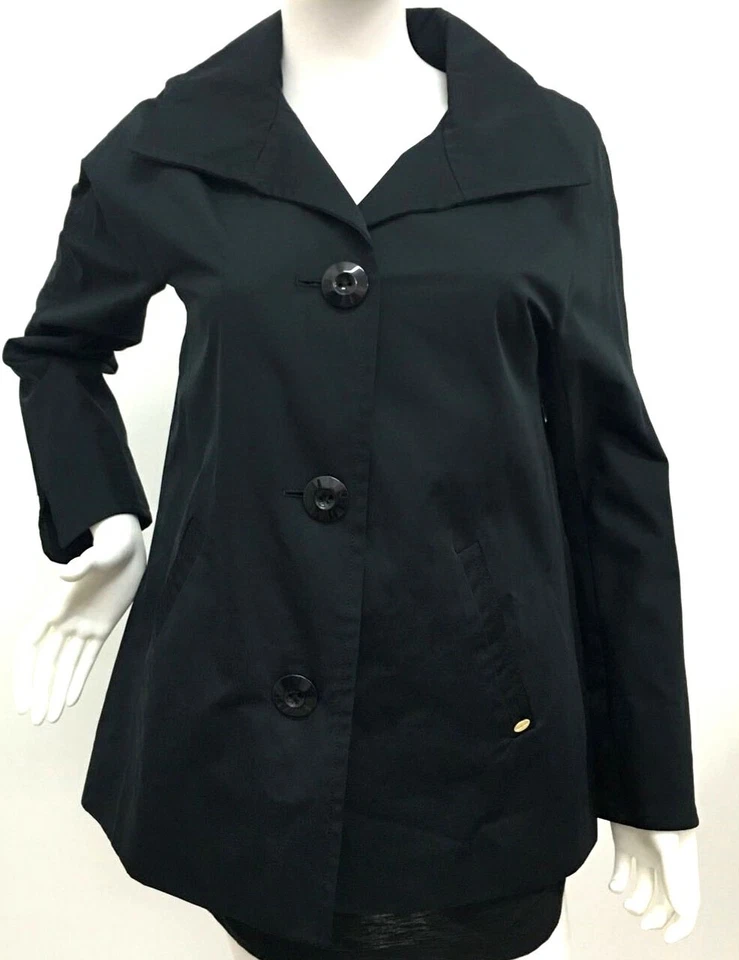 Ellen Tracy 和服前纽扣闭合 A 字黑色雨衣风衣 XS 码 — 第 2/4 张图片