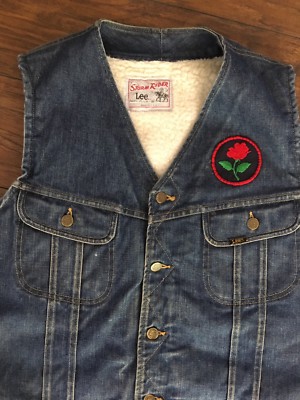 Vintage Lee storm Rider Jean Denim Vest Unique Patch Sherpa Hippie