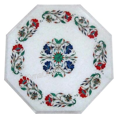 White Marble Coffee Table Top Semi Precious Gesmtone Inlay Work Balcony Table