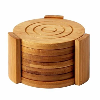 UNIBOS Drink Coasters Set Of 6 Natural Bamboo Design Round Coaster Tea Coffee Cup Mat