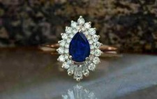 2Ct Pear Cut Lab Created Blue Sapphire Engagement Ring 14K Yellow Gold Plated