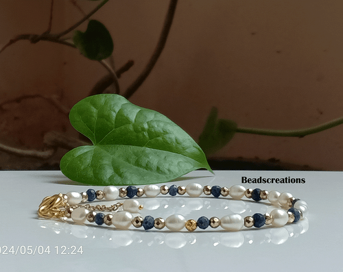 Bracciale Perla Bianca e Lapislazzuli Pirite Gioielli Perline Regalo per Lei - Foto 4 di 8