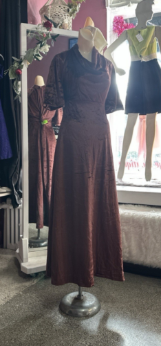 Vintage 70s Velvet Midi Maxi Dress Brown Boho Hippy Minimalist Hostess M/L - Picture 4 of 8