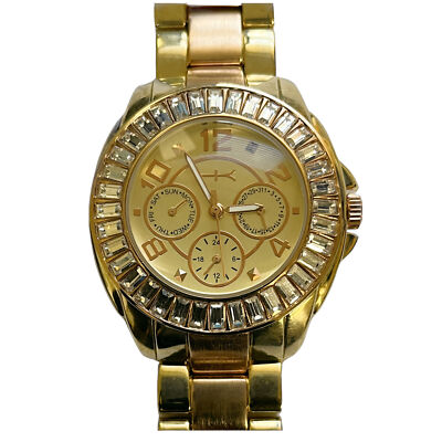 Heidi Klum Two Tone Beautiful Rhinestone Yellow And Rose Colored Metal Quartz Wa
