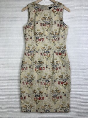 David Meister Women s Sleeveless Floral Beaded Beige Brocade Dress Size 39