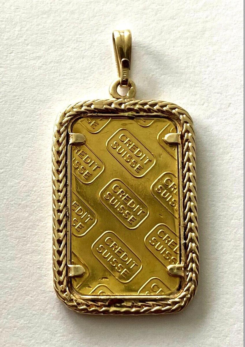 999.9 Pure Fine Gold 5gr Credit Suisse Coin Bar In 14K Rope Frame Pendant