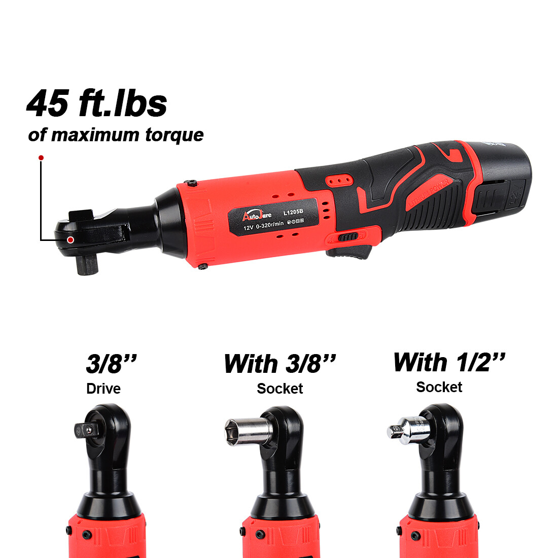 3/8'' Cordless Ratchet Right Angle Wrench Impact Power Tool 2 Battery & 7 Socket