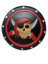 Hand Painted Wooden Pirate Skull + Crossing Swords Shield-Plaque Nautical Décor