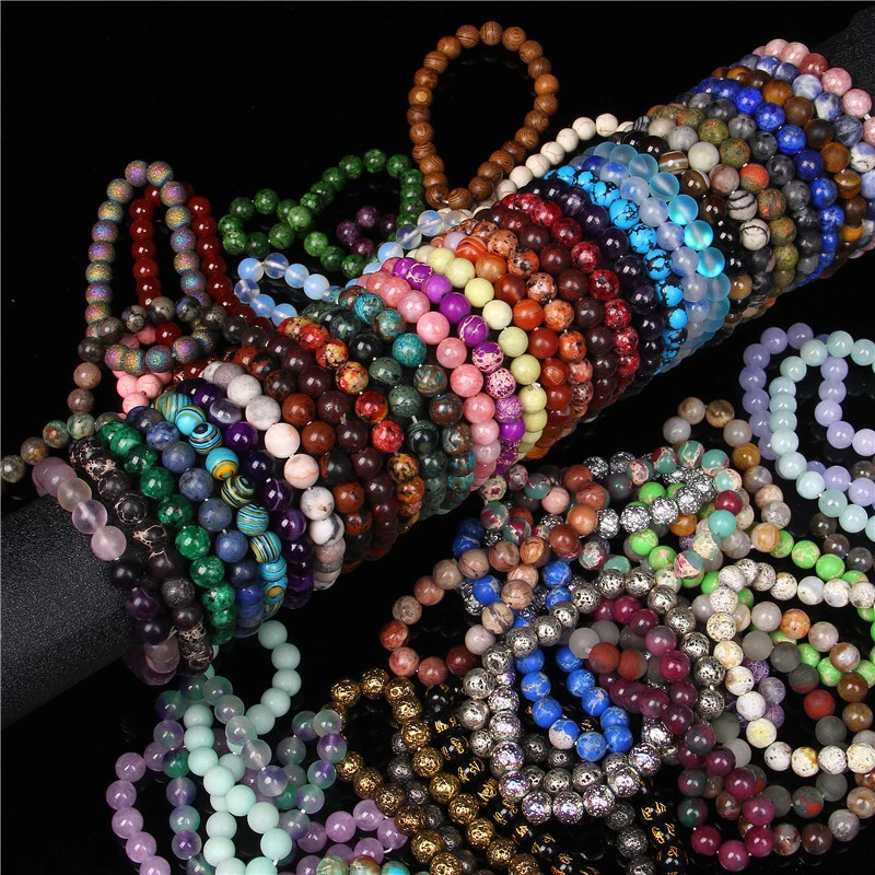 Wholesale Lots 15 Pcs Mix 4/6/8/10mm Natural Stone Elasctic Rope Beaded Bracelet - Image 2 of 4