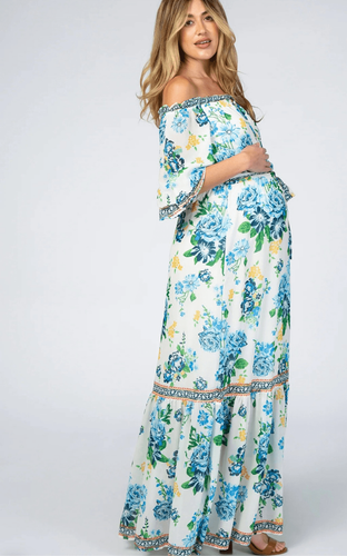 Pinkblush, x Flying Tomato Ivory Floral Off Shoulder Maternity Maxi Dress Nwot M - Picture 9 of 11